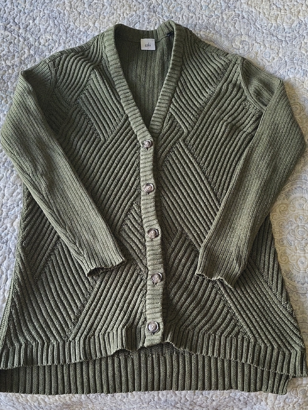 CAbi Olive Green Textured Rib V‑Neck Button Cardigan